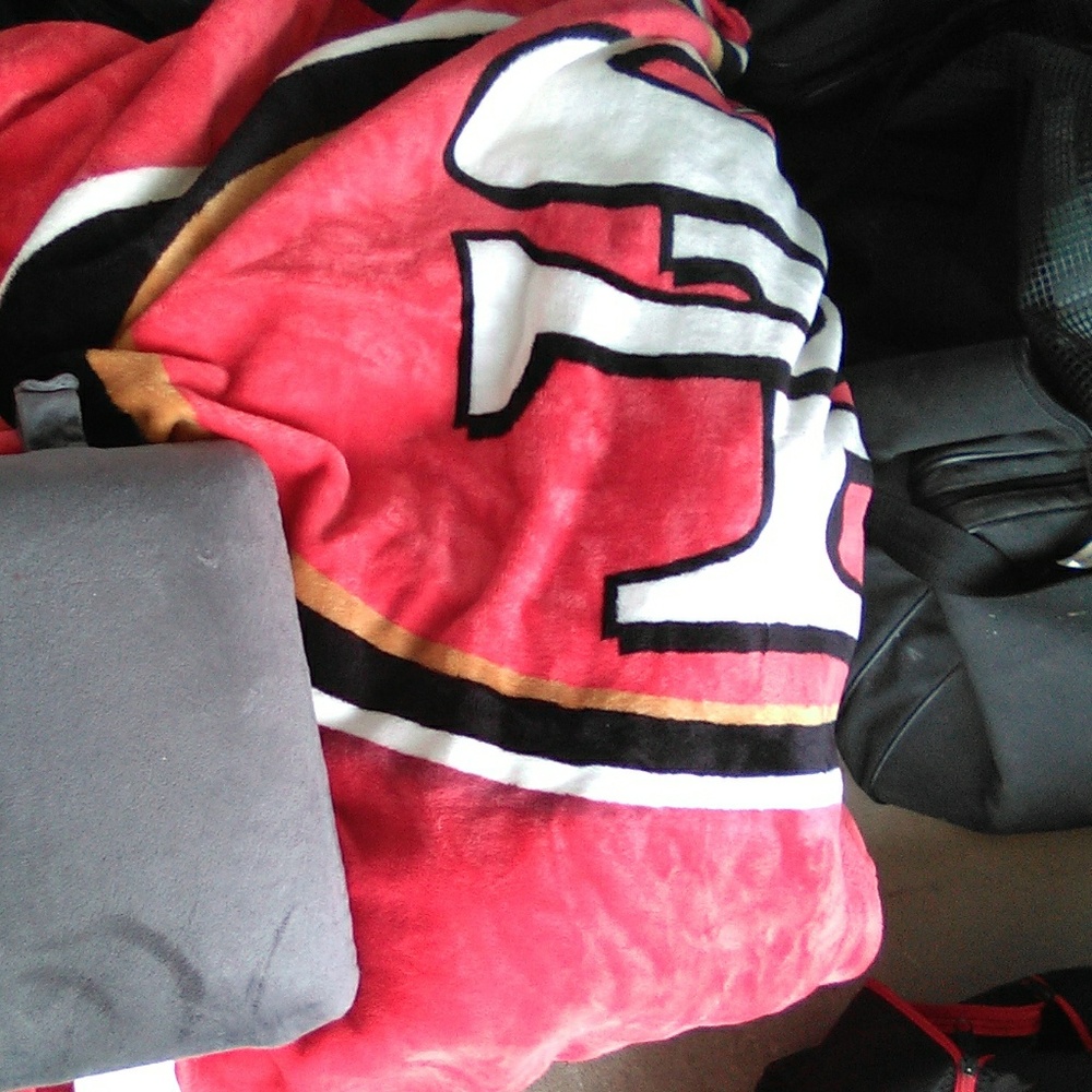A blanket and a travel pillow